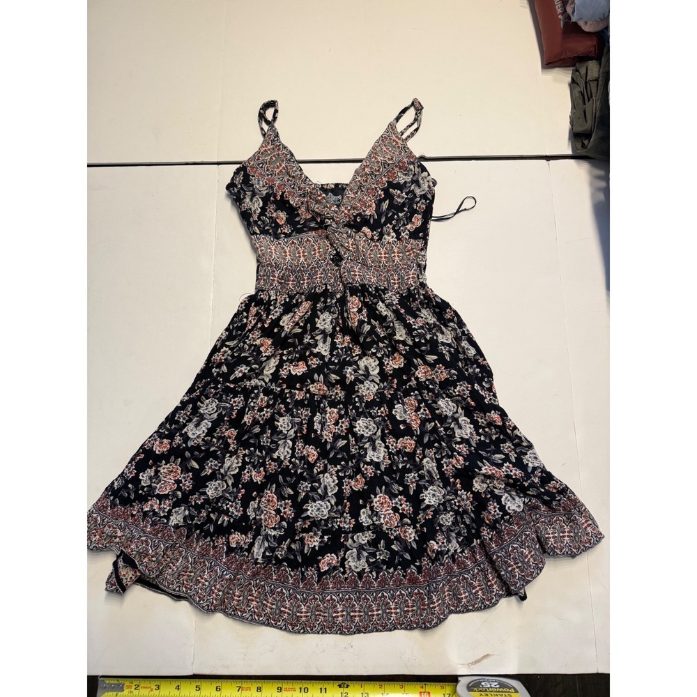 Angie Floral Mini Dress Womens Small Boho Tiered V-Neck Smocked Back Rayon Multi